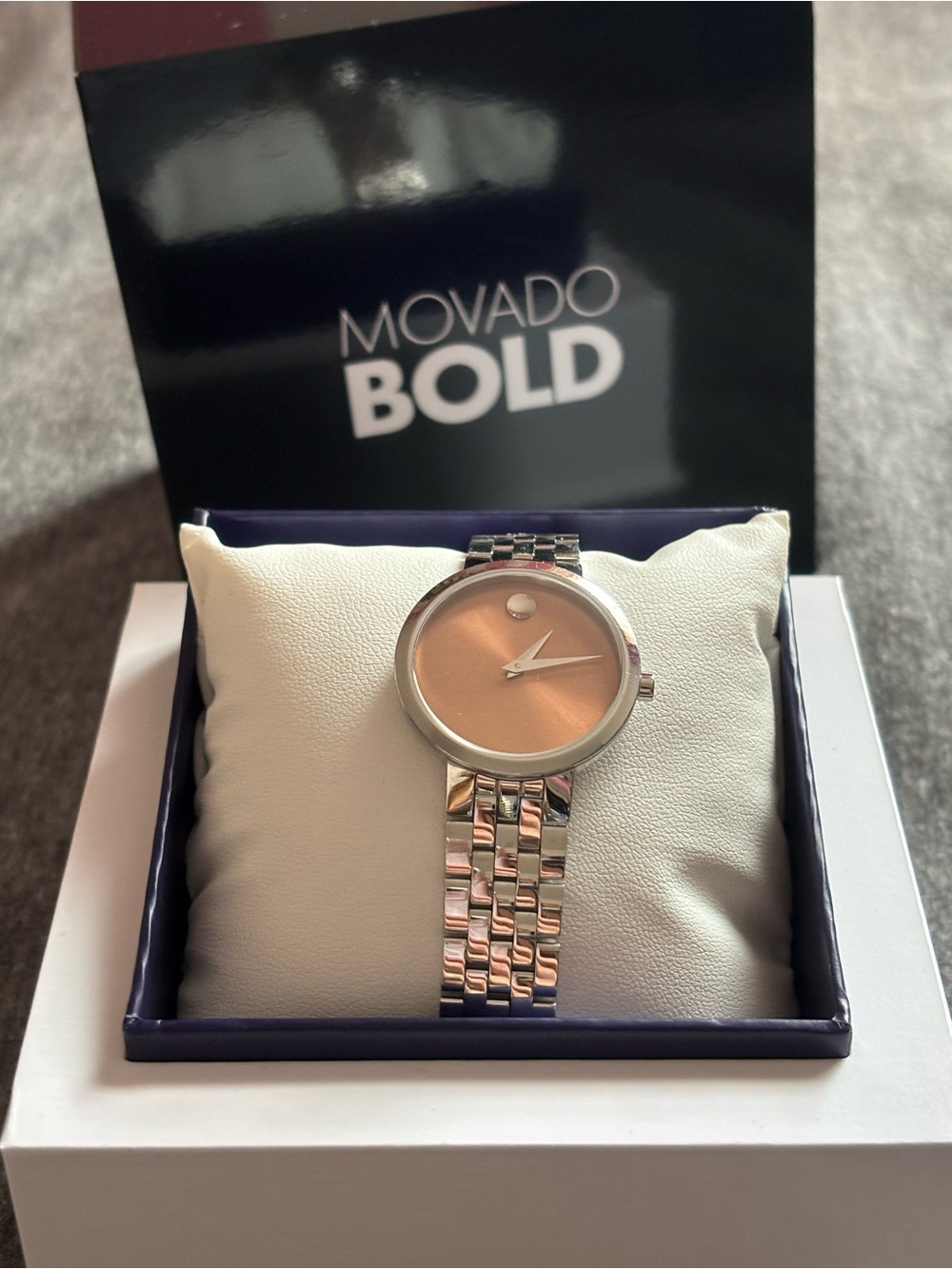 Movado Bold Silver Bracelet Watch with Rose Gold Dial